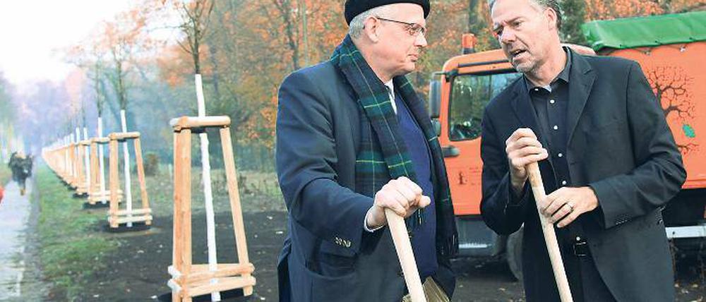 Schaufeleinsatz zum Abschluss. Gartendirektor Michael Rohde (l.) und Potsdams Baubeigeordneter Matthias Klipp (r.) an der restaurierten Lindenallee.