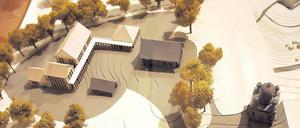 Ein Neubau „in des Königs Garten“. Der Entwurf von Jens Krumnow sieht einen Neubau (l.) direkt neben dem Teehaus (M.) vor. Die mit Satteldächern versehenen Gebäude sehen ungewöhnlich aus, jedoch bleibt der Respekt vor dem Bestand erkennbar. Insgesamt elf Modelle von Studenten für ein russisch-orthodoxes Gemeindezentrum auf dem Kapellenberg sind derzeit in der Urania zu sehen.