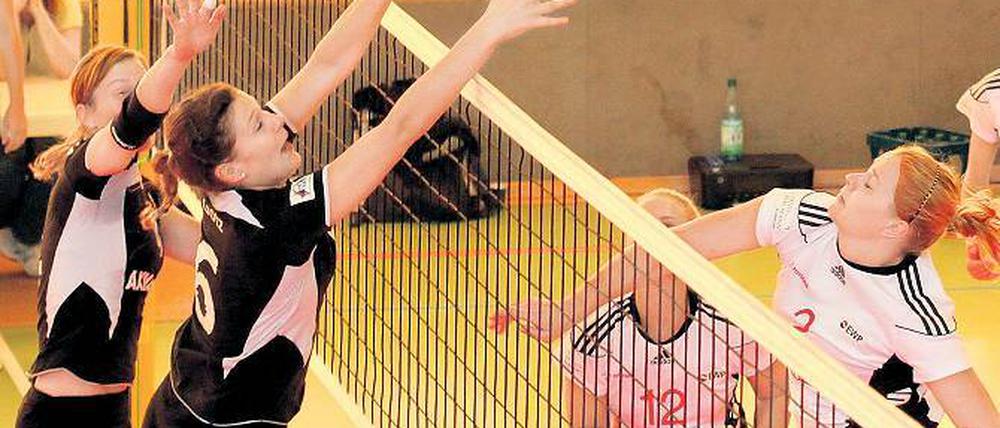 Mit viel Kraft. Potsdams Janine Hinderlich (rechts) kommt hier nicht durch den Sinsheimer Block. Ihre Teamkameradin Simona Usic beobachtet die Situation.