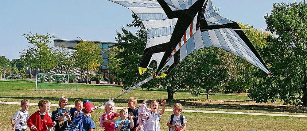 Als Flugsaurier gibt sich dieser Delta-Drachen aus. Schon die Vorbereitungen auf das Drachenfest am kommenden Wochenende lockten Kinder in Scharen an.