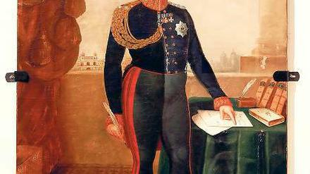 Erst teilrestauriert: das zugekleisterte Porträt Friedrich Wilhelm IV.