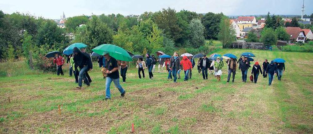 Vom Regen unbeeindruckt: Weinfreunde bei der Visite des Galgenbergs.