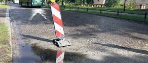 Ramponiert. Das Kleinsteinpflaster in der Maulbeerallee leidet unter der Verkehrsbelastung. Regenwasser sammelt sich an tiefen Stellen. Jedes Jahr gibt die Stadt Geld aus, um die Straße an einer anderen Stelle zu flicken.