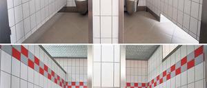 Türlos. Die Fotos zeigen Damentoiletten an der Bundesautobahn 12 auf den Rastplätzen Kersdorfer See (oben) und Berliner Urstromtal, bei denen die Türen der Damentoiletten fehlen.