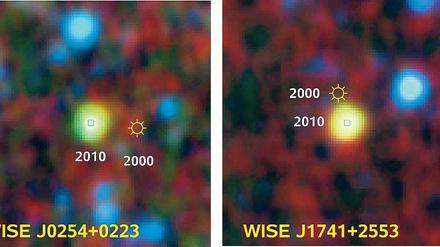 Glimmende Zwerge. In Nähe der Sonne wurden die beiden braunen Zwerge WISE J0254+0223 (l.) und WISE J1741+2553 entdeckt. Markiert sind auch die Positionen der Objekte in einer früheren Himmelsdurchmusterung im nahen Infrarotlicht vor etwa zehn Jahren.