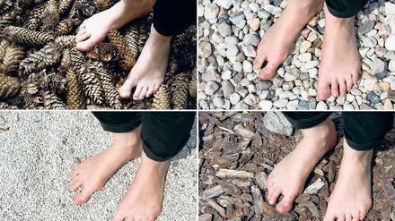 Herausforderung für die Fußsohlen. Nacktfüßig auf Tannenzapfen (l.) oder auf grobem Schotter. Barfusspfade sind immer gefragter.