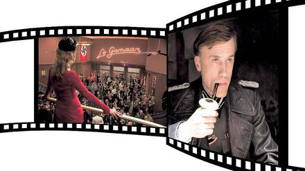 Schauplatz Kino: Mit einem Feuerinferno in einem Lichtspieltheater (l.) – gebaut von Babelsbergs Kulissen-Experten – endet „Inglourious Basterds“. Der Film ist vor allem wegen des Spiels von Christoph Waltz (r.) sehenswert.