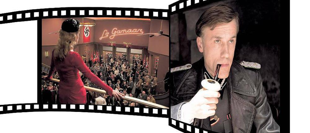 Schauplatz Kino: Mit einem Feuerinferno in einem Lichtspieltheater (l.) – gebaut von Babelsbergs Kulissen-Experten – endet „Inglourious Basterds“. Der Film ist vor allem wegen des Spiels von Christoph Waltz (r.) sehenswert.
