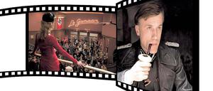 Schauplatz Kino: Mit einem Feuerinferno in einem Lichtspieltheater (l.) – gebaut von Babelsbergs Kulissen-Experten – endet „Inglourious Basterds“. Der Film ist vor allem wegen des Spiels von Christoph Waltz (r.) sehenswert.