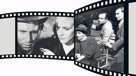 Liebe in den Trümmern. Susanne Wallner (Hildegard Knef) und Hans Mertens (Ernst Wilhelm Borchert). Rechts: Regisseur Wolfgang Staudte (mit Hut) bei den Dreharbeiten für „Die Mörder sind unter uns“.