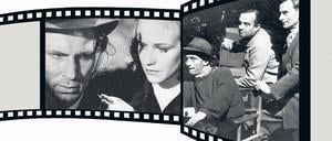 Liebe in den Trümmern. Susanne Wallner (Hildegard Knef) und Hans Mertens (Ernst Wilhelm Borchert). Rechts: Regisseur Wolfgang Staudte (mit Hut) bei den Dreharbeiten für „Die Mörder sind unter uns“.