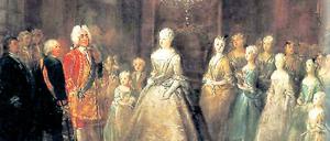 Empfang Augusts des Starken im Berliner Stadtschloss. Sie wie es Antoine Pense, seit 1711 Hofmaler in Preußen und seit 1722 Direktor der Berliner Kunstakademie, im Jahr 1729 sah.