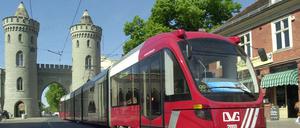 Im Juni 2005 war eine Variobahn in Potsdam getestet worden und fuhr zwischen Stern und Kirchsteigfeld. Hier passierte sie das Nauener Tor. Archiv-