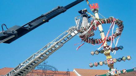 Blühendes Handwerk: Maibaum-Aufstellung in Teltow.