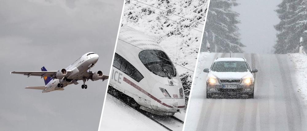Per Flugzeug, mit dem Zug oder mit dem Auto.