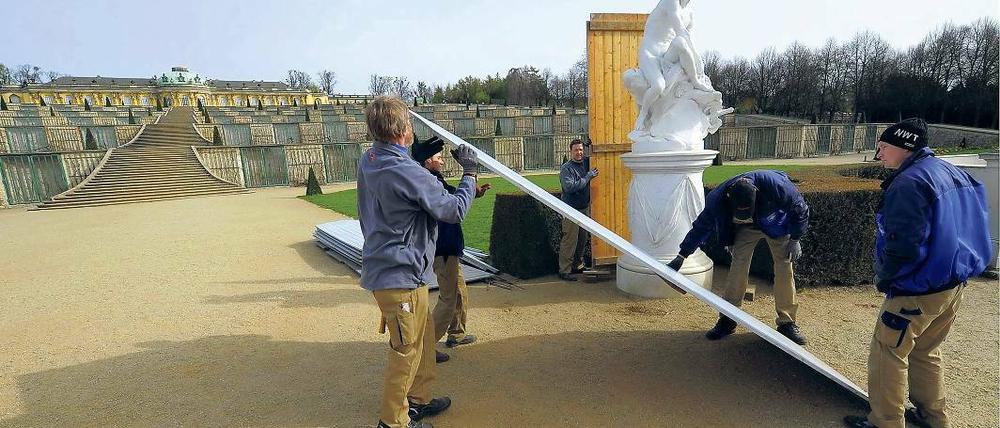 Komplett. Mitarbeiter der Stiftung Preußische Schlösser und Gärten haben die Wintereinhausungen an den Skulpturen rund um die Große Fontäne im Park Sanssouci entfernt. Am Wochenende wird sich das Rondell an der Fontäne wieder komplett restauriert präsentieren.