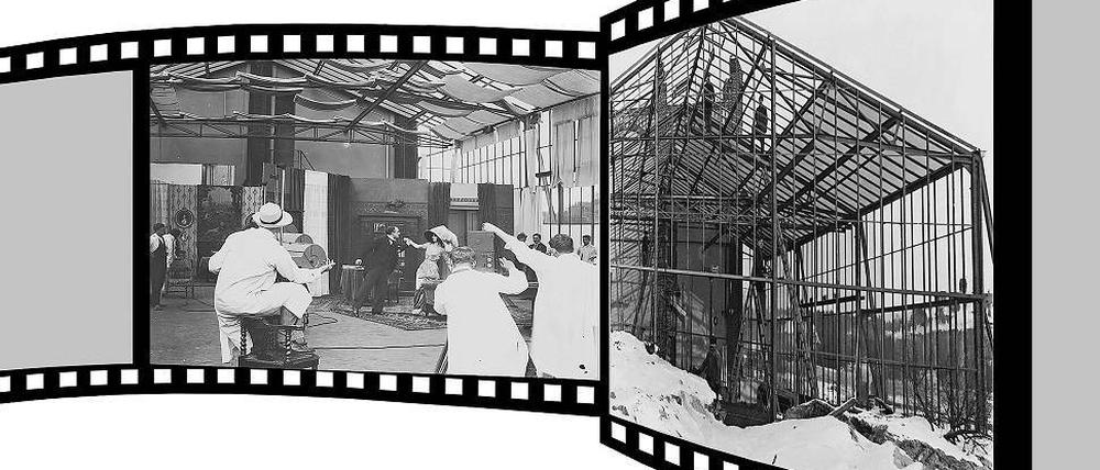Hinter Glas. Im Februar 1912 steht Stummfilmstar Asta Nielsen in der Stahnsdorfer Straße vor der Kamera Der Totentanz ist der erste Babelsberg-Film, Regie führt Urban Gad (links, mit Hut). Das Glasatelier hatte die Deutsche Bioscop im Winter 1911/1912 errichten lassen (rechts).