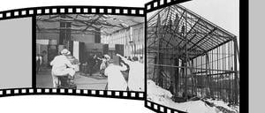 Hinter Glas. Im Februar 1912 steht Stummfilmstar Asta Nielsen in der Stahnsdorfer Straße vor der Kamera  Der Totentanz ist der erste Babelsberg-Film, Regie führt Urban Gad (links, mit Hut). Das Glasatelier hatte die Deutsche Bioscop im Winter 1911/1912 errichten lassen (rechts).