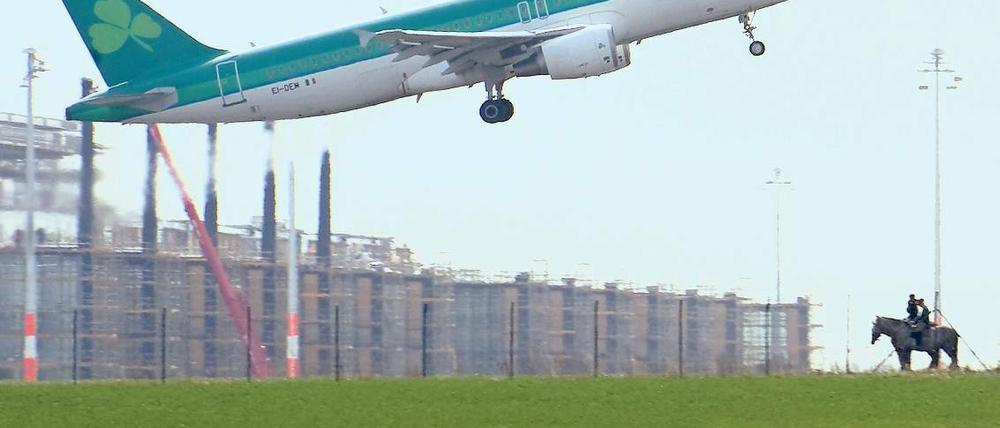 Idyll an der Startbahn. Seit Monaten wird leidenschaftlich gestritten und diskutiert, wo die Flugzeuge von Schönefeld aus langfliegen sollen und wie laut sie am Himmel überhaupt sind. Zumindest unmittelbar am Flughafenzaun scheints nicht jeden zu stören. Zwei Pferdesportler nutzen das Frühlingswetter für einen entspannten Ausritt.