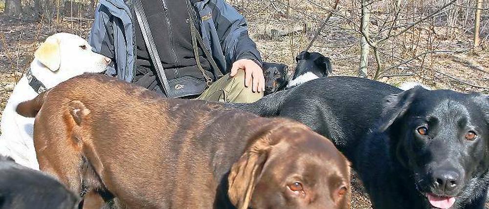 Hundetrainer Marco Deutschmann mit den Vierbeinern. Gelernt hat der Potsdamer das Fischereihandwerk, war Schwimmmeister und arbeitete im Berliner Zoo. Dann fand er seinen Traumberuf.
