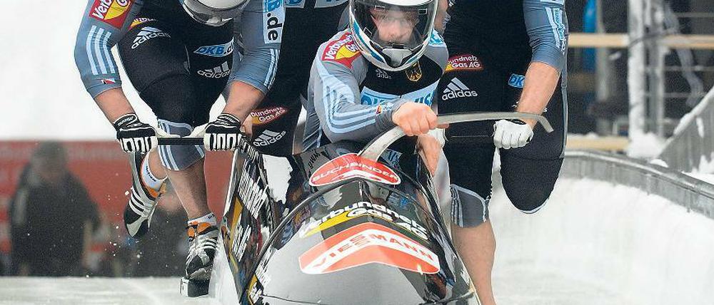 In der Erfolgsspur. Manuel Machata vom SC Potsdam mit seinem Viererbob.