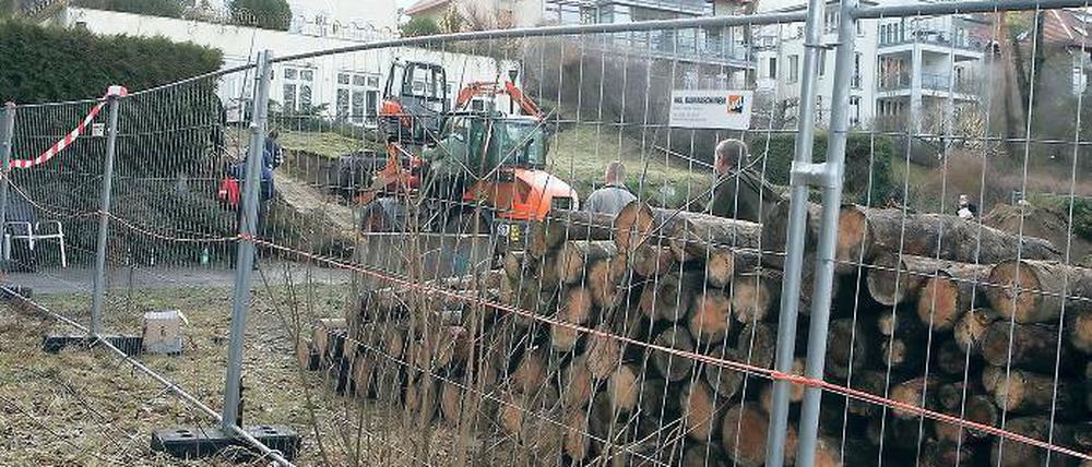 Zäune und Mauern aus Holzstämmen. Die Blockade unterhalb der Stubenrauchstraße 4 am Samstagvormittag.