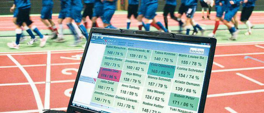 Mit wissenschaftlicher Akribie. Bei den gestrigen Tempoläufen (oben) kontrollierten Co-Trainer Dirk Heinrichs und Mannschaftsleiterin Aferdita Podvorica (rechts oben) per Laptop die Pulswerte aller Turbine-Spielerinnen. Die Japanerin Yuki Nagasato (rechts unten) machte vorher rasch noch einige Dehnungsübungen.