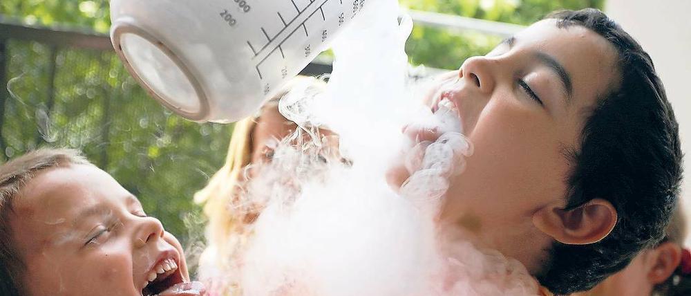 Mit Trockeneis und warmem Wasser experimentieren kleine Forscher schon heute in Kindergärten. Das Projekt soll ab diesem Jahr auch an insgesamt 40 Schulen in Berlin, Potsdam und Umgebung stattfinden. Dafür sucht die Stiftung Haus der kleinen Forscher Einrichtungen, die Modellschule werden wollen.