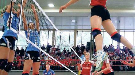 Außenseiterchancen. Am Sonntag im DVV-Pokal-Viertelfinale empfängt der SC Potsdam den favorisierten Dresdner SC, gegen den er im Mai sein Erstliga-Heimspiel (Foto) mit 0:3 verlor; hier im Vordergrund Chantal Laboureur bei einer Angriffsaktion.