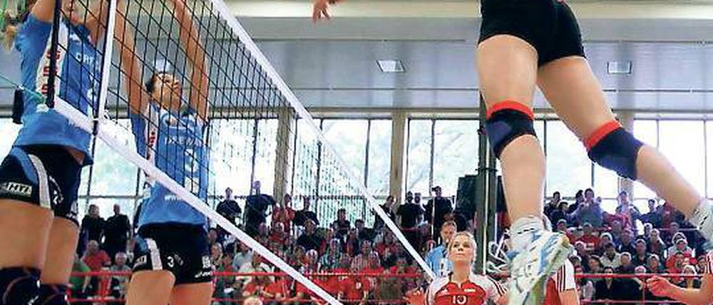 Außenseiterchancen. Am Sonntag im DVV-Pokal-Viertelfinale empfängt der SC Potsdam den favorisierten Dresdner SC, gegen den er im Mai sein Erstliga-Heimspiel (Foto) mit 0:3 verlor; hier im Vordergrund Chantal Laboureur bei einer Angriffsaktion.