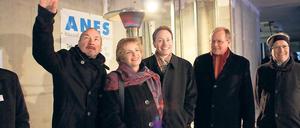 Baustellenschau: Architekt Becker, Ministerin Münch, Institutschef Lendlein.