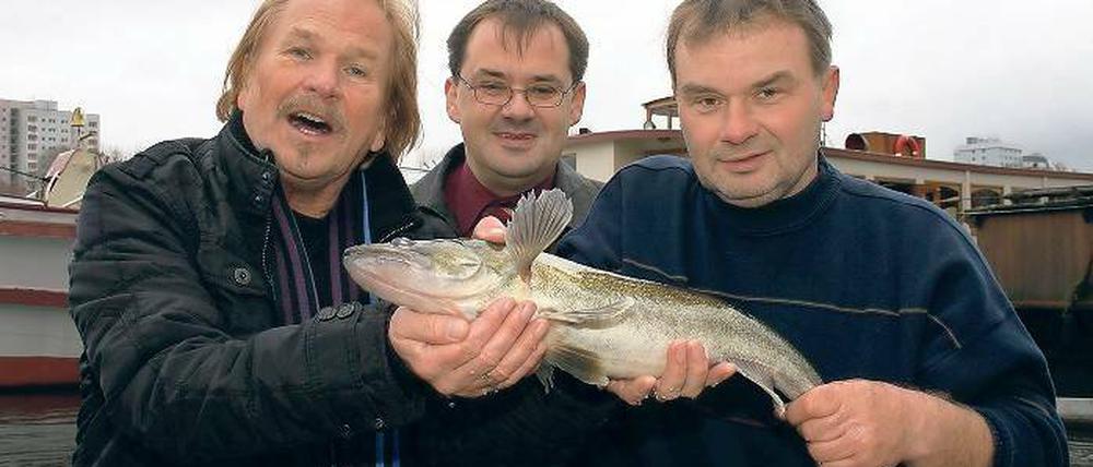 Glitschig. Mit einem lebenden Zander posierten der Berliner Sänger Frank Zander (l.), Brandenburgs Agrarminister Jörg Vogelsänger (M.) und der Potsdamer Fischer Mario Weber (r.) gestern für die Fotografen. Hintergrund der Aktion: Der Zander wurde zu Brandenburgs Fisch des Jahres 2011 ernannt.