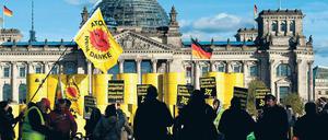 Protest in Schwarz-Gelb. Aus Protest gegen die Atompolitik der Bundesregierung haben Kernkraftgegner am Montag rund 70 Attrappen von Atommüllfässern vor dem Reichstag aufgetürmt. Die Fässer waren tags zuvor in Gorleben auf Lastwagen verladen worden.