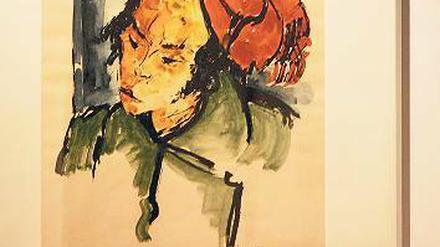 Blick in die neue Ausstellung, die im Potsdam Musuem aufgebaut wird: Zu sehen ist Das Mädchen mit dem roten Turban von Max Kaus (o.) sowie die Marmor-Büste von Georg Kolbe, die Maria Möller-Grany, die Frau des Verlegers Ferdinand Möller, darstellt. Sie wird von Jutta Götzmann und Oliver Max Wenske auf den Sockel gehoben.