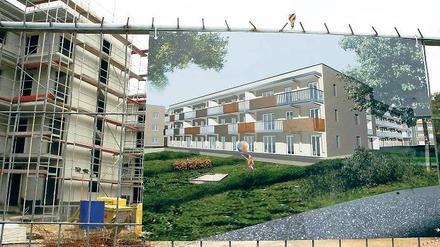 Soll und Ist: Der Rohbau der fünf Wohnhäuser der Genossenschaft Karl Marx steht. Im Sommer 2011 soll das Bauprojekt auch äußerlich der Computergrafik entsprechen.