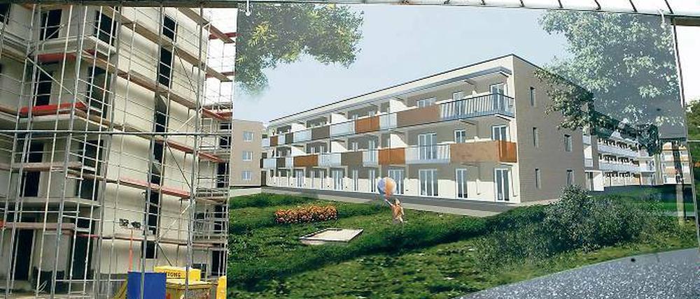 Soll und Ist: Der Rohbau der fünf Wohnhäuser der Genossenschaft Karl Marx steht. Im Sommer 2011 soll das Bauprojekt auch äußerlich der Computergrafik entsprechen.