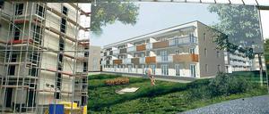 Soll und Ist: Der Rohbau der fünf Wohnhäuser der Genossenschaft Karl Marx steht. Im Sommer 2011 soll das Bauprojekt auch äußerlich der Computergrafik entsprechen.