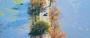 Allee im Wasser. Blick aus einem Flugzeug auf eine vom Hochwasser der Schwarzen Elster eingeschlossene Landstraße unweit von Elsterwerda.