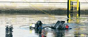 Abgetaucht. Ein Taucher untersuchte am Samstag im Berliner Regierungsviertel das in die Spree gestürzte Auto.