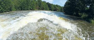 Neuer Regen. Wassermassen ergießen sich nahe Bräsinchen (Gemeinde Neuhausen/Spree) aus dem Becken der Talsperre Spremberg in die Spree. Die jüngsten ergiebigen Regenfälle haben an der Spree neuen Hochwasseralarm ausgelöst.