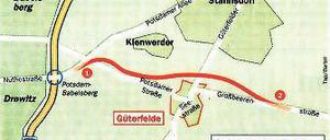 Die geplante Umfahrung: Schon lange bevor das Potsdamer Verwaltungsgericht gestern die Eilanträge abgelehnt hat, ist vor Ort mit den Arbeiten begonnen worden. Die Straße soll Potsdam mit dem Flughafen Schönefeld verbinden.
