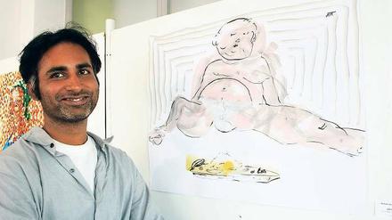 Einfach titellos. Srinivas Mangipudi brachte ein breitbeinig sitzendes Wesen aus fließender Tinte zu Papier.