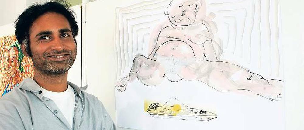 Einfach titellos. Srinivas Mangipudi brachte ein breitbeinig sitzendes Wesen aus fließender Tinte zu Papier.