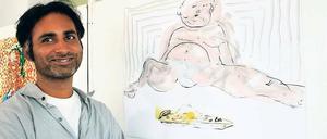 Einfach titellos. Srinivas Mangipudi brachte ein breitbeinig sitzendes Wesen aus fließender Tinte zu Papier.