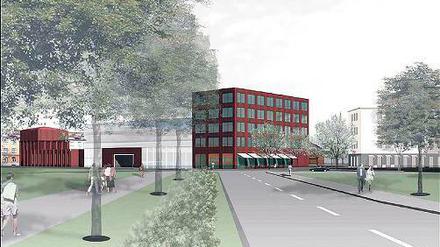 Ensemble-Wirkung: Das Ärztehaus, für das Klinikumschef Steffen Grebner, Wolfgang Rüstig vom DRK-Blutspendedienst und Architekt Stephan Eberhardt den Grundstein legten (re. Bild) passt sich durch eine Klinkerfassade der alten Feuerwache an.