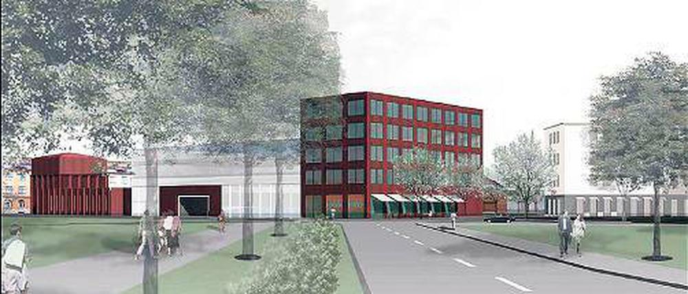 Ensemble-Wirkung: Das Ärztehaus, für das Klinikumschef Steffen Grebner, Wolfgang Rüstig vom DRK-Blutspendedienst und Architekt Stephan Eberhardt den Grundstein legten (re. Bild) passt sich durch eine Klinkerfassade der alten Feuerwache an.