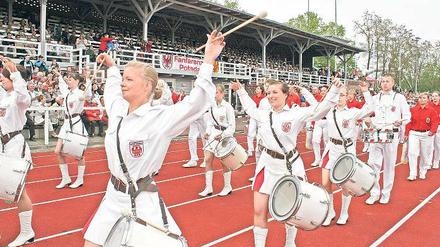 Lautstark: Mitglieder des Fanfarenzugs bei der Saisoneröffnung am 1. Mai. Als voraussichtlicher Höhepunkt des Jahres gilt die Weltmeisterschaft der Marching Show Bands vom 26. Juli bis zum 1. August in Potsdam.