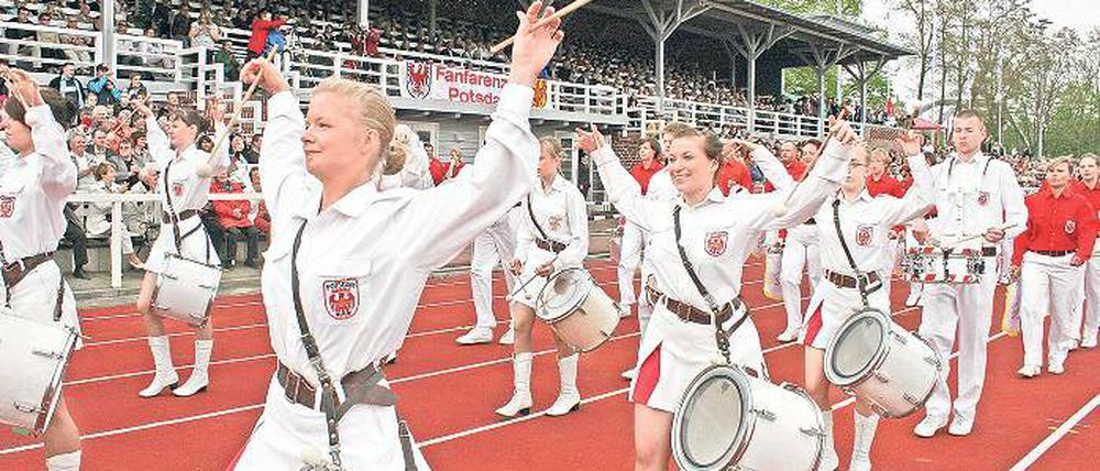 Lautstark: Mitglieder des Fanfarenzugs bei der Saisoneröffnung am 1. Mai. Als voraussichtlicher Höhepunkt des Jahres gilt die Weltmeisterschaft der Marching Show Bands vom 26. Juli bis zum 1. August in Potsdam.