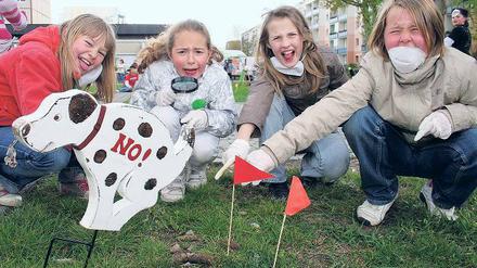Ekliges mit Wimpel: Sara, Celin, Aileen und Celine (v.l.) ärgern sich über die vielen Hundehaufen am Schlaatz. Gestern haben sie die Häufchen bei einer Aktion markiert.