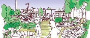 Viel Raum für studentische Ideen Noch liegt das frühere Gärtnereigelände im Herzen Capuths brach. Kinder könnten das Gebiet nun als Erste besiedeln. In einem früheren Sozial- und Bürogebäude auf dem Areal soll eine Kita entstehen. Studenten der Bauhaus-Universität in Dessau arbeiten an ersten Entwürfen. Zeichnung: Mark Raby /